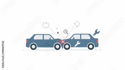 Two blue cars in a head on collision with repair tools.