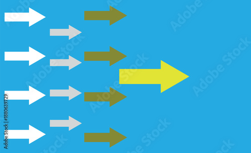 A large yellow arrow standing out from a crowd of white and brown arrows