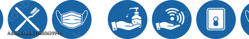 Health and safety precaution icon set featuring hygiene, face mask, handwashing, contactless signal, and mobile protection symbols