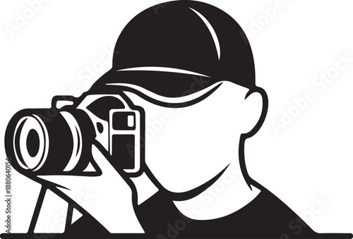 A professional businessman and digital photographer in a hat holds a camera with a professional lens while searching for the perfect photo like a tourist or paparazzi in action