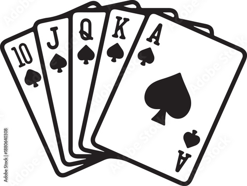 Royal flush gambling game featuring an ace of spades and ace of hearts with playing cards and chips isolated on white for a winning casino poker bet