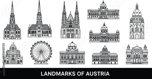 Detailed landmarks of Austria line vector icons set with famous Vienna cathedrals, palaces, ferris wheel for tourism branding.