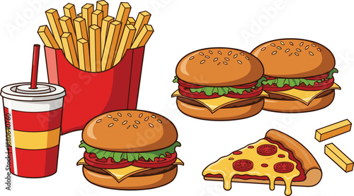 Fast food vector set with cheeseburgers, french fries, soda cup and pizza slice illustrations