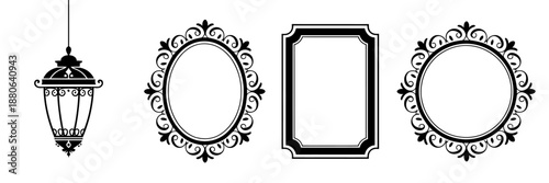 Set of decorative frames and vintage hanging lantern