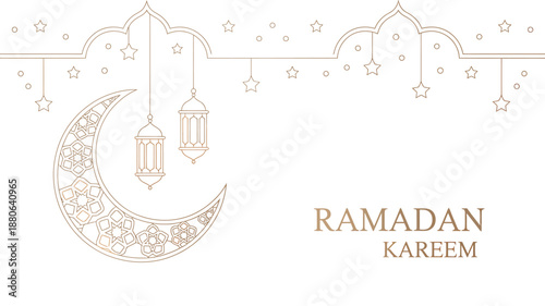 Ramadan Kareem Greeting Card with Crescent Moon and Lanterns
