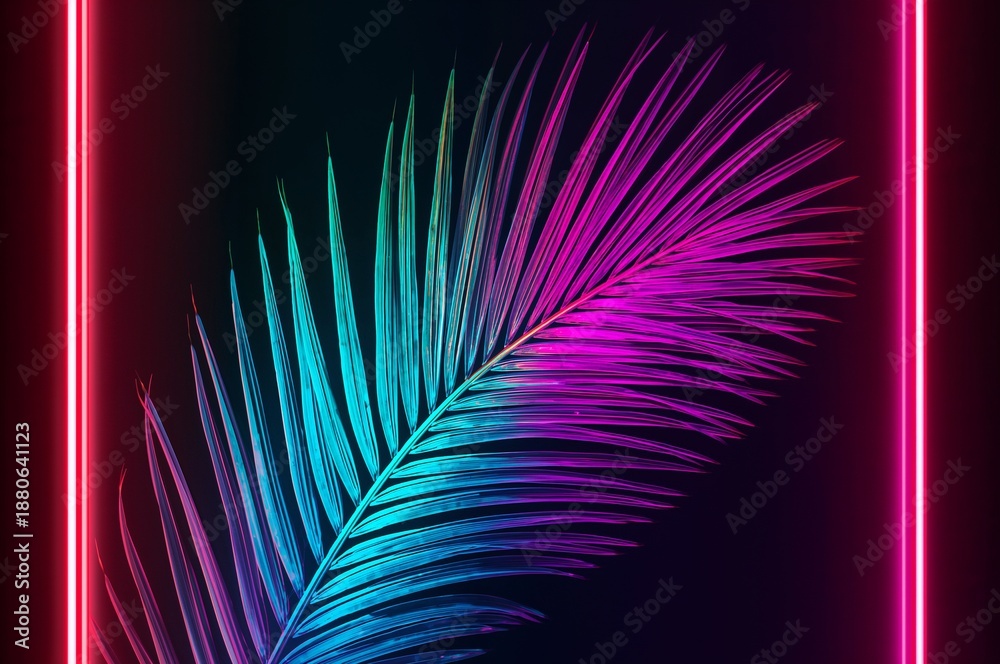 Fototapeta premium Vibrant neon palm leaf in pink and blue gradient light