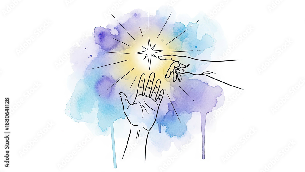 Fototapeta premium Two hands reaching for a glowing star against a watercolor background