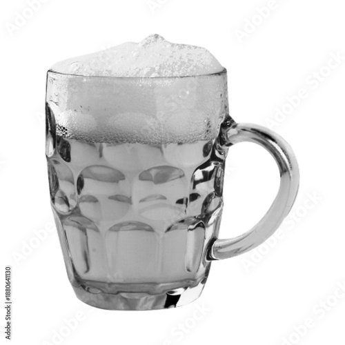 Black and white halftone illustration of a beer mug filled with water, isolated on white background. Minimalist retro drinkware concept with glass texture and foam-like surface.