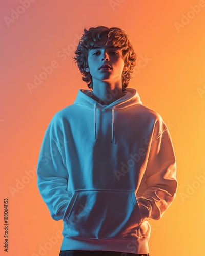 Teenage boy in a white hoodie, illuminated by vibrant light.