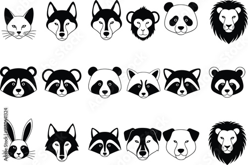 Black and white animal face vector set with wild mammals including wolf, panda, lion, raccoon and dog icons