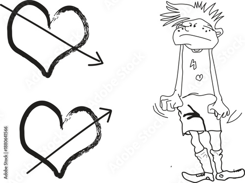 Rejected love symbols and a dejected cartoon character