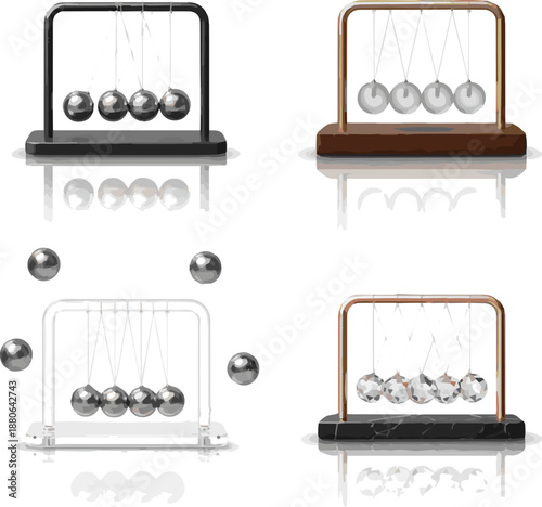 Create a kinds of deferent realistic Balancing Balls Newton's Cradle vector art with white background.