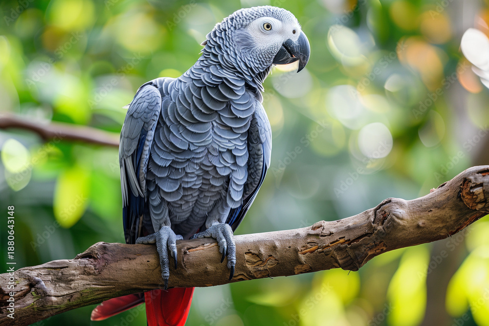 Fototapeta premium Young African Grey Parrot Sitting on a Tree Perch