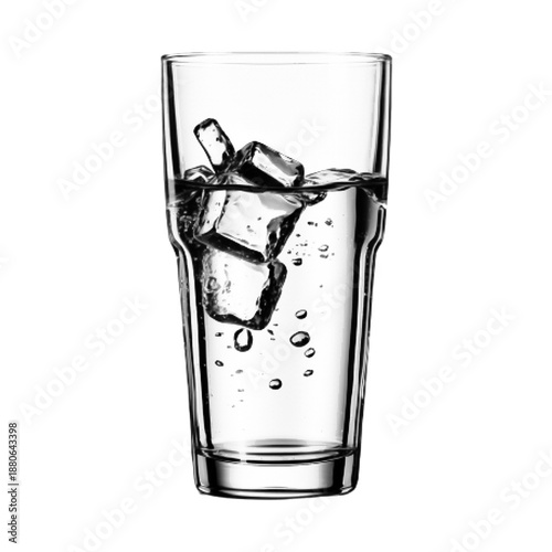 Black and white halftone illustration of a tall glass with water and ice cubes, isolated on white background. Minimalist retro style refreshment and hydration concept.