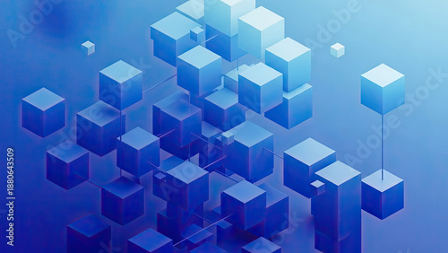 Abstract 3D blue cubes arranged in a network structure with connecting lines