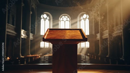 Podium in sunlit church interior with stained glass windows and dramatic rays