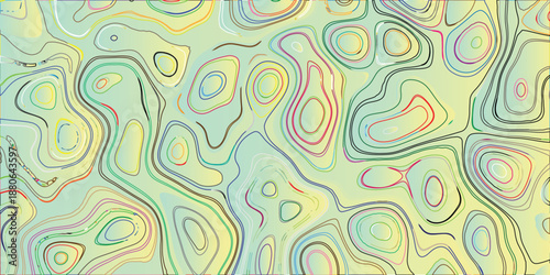 Abstract topographic map pattern with colorful contour lines on a gradient yellow-green background, representing terrain elevation and natural contours in a vibrant, artistic design