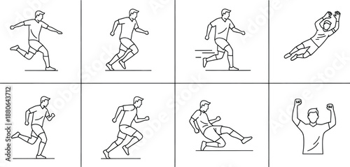 Line art illustrations showing different movements and actions of a soccer player