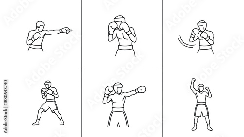 A series of line drawings illustrating various boxing techniques and stances