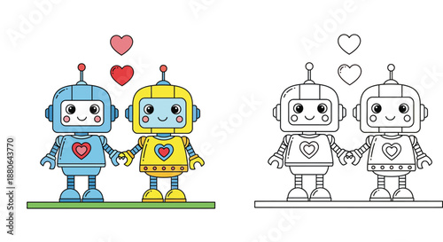 Cute cartoon robot couple holding hands in love with hearts. Vector illustration set containing colored version and black and white outline for coloring book page or kids activity.