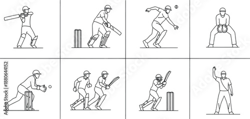 A series of line art illustrations showing key positions and actions in a game of cricket