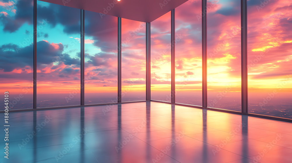 Fototapeta premium A modern interior with glass walls showcasing a stunning sunset view, reflecting warm hues in a serene atmosphere.