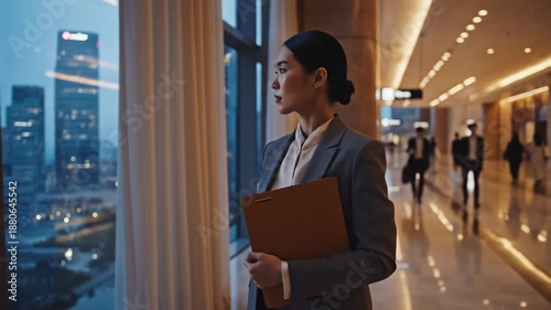 Wallpaper Mural Professional businesswoman walking through a modern office corridor carrying a brown folder Torontodigital.ca