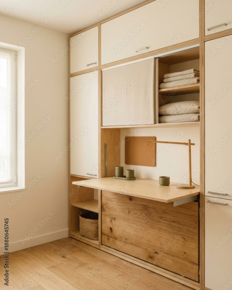 Fototapeta premium Built in wardrobe with pull out wooden desk in small room