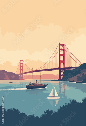San Francisco Bay blending Golden Gate Bridge 19thcentury Gold Rush clipper ships Foggy gradient Flat