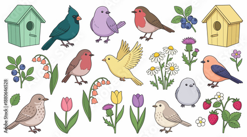Hand-drawn collection of colorful spring birds including cardinal, robin and various flowers, fruits and birdhouses on white, concept for educational design, seasonal illustration and nature themes