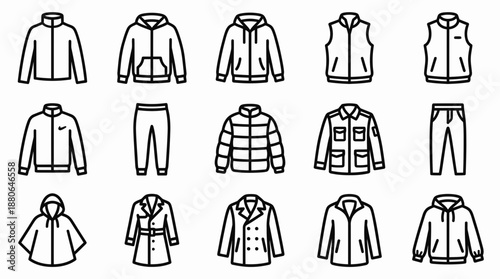 Large line icon set of various outerwear items including jackets, coats, hoodies, vests and trousers, concept for digital interfaces, fashion product guides and apparel branding presentations