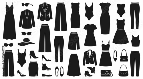 Black vector silhouettes set of women's apparel: dresses, pants, jackets, shoes and accessories, concept for fashion catalog design, clothing retail display and brand identity presentation
