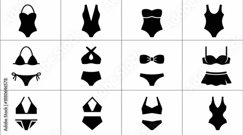 Set of black silhouette vector icons showcasing various fashionable women's swimsuits and bikinis, concept for fashion design, web interfaces and vacation promotions