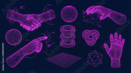 Abstract magenta wireframe hands and complex geometric shapes displayed on a dark blue futuristic interface background, concept for AI interface, virtual reality and blockchain technology