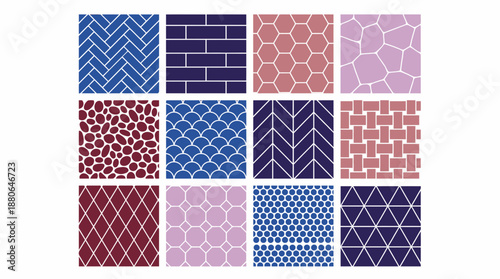 Collection of 12 seamless geometric and organic patterns in blue, purple and reddish colors, concept for background design, textile printing and architectural wall coverings