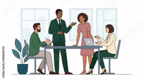 Diverse group of four business managers and analysts discussing strategy during a focused office meeting, concept for leadership presentations, corporate collaboration and startup venture development