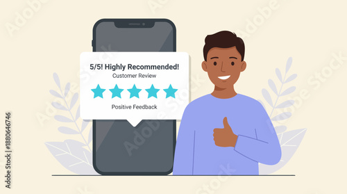 Smiling man giving thumbs-up next to mobile phone showing 5-star customer review and positive feedback, concept for online satisfaction, service evaluation and excellent testimonial