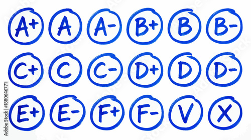 Full set of blue circled handwritten letter grades and error symbols on white, concept for educational materials, quality control metrics and performance assessments
