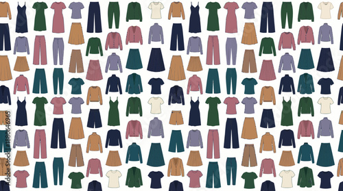 Seamless pattern of women's apparel including skirts, pants and sweaters in fall colors, concept for textile design, retail advertising and fashion web backgrounds