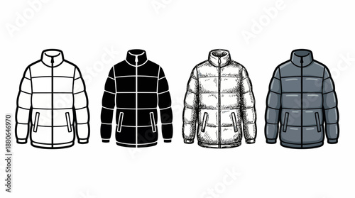 Four styles of puffer jacket isolated on white including line art, silhouette, sketch and flat vector design, concept for winter fashion, clothing store signage and textile industry catalogs
