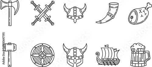 Viking and medieval weapon outline icon set featuring axes, swords, shields, helmets, ships, and warrior equipment for fantasy designs