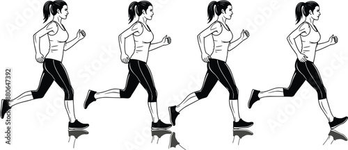 Running woman motion sequence illustration showing jogging exercise fitness training isolated on white background sporty vector design