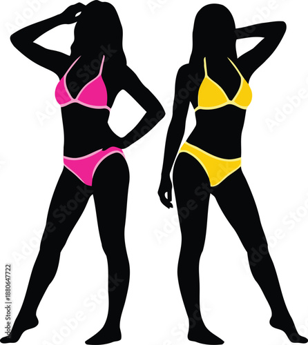 Fashion Silhouettes: A duo of women display graceful forms, each clad in swimwear, standing against a contrasting backdrop that highlights the contours and allure of silhouette fashion.