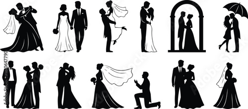Silhouette of Romance: A collection of elegant silhouettes depicts various stages of a wedding, capturing the romance and beauty of love and commitment. 