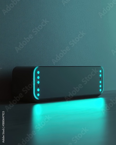 Modern, illuminated sound bar resting on a surface.