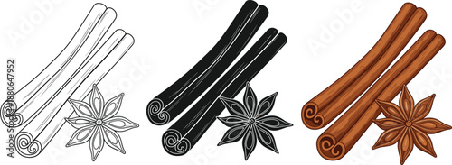 Cinnamon sticks with star anise icon set in outline, solid, and colored styles for spice, cooking, and food design projects