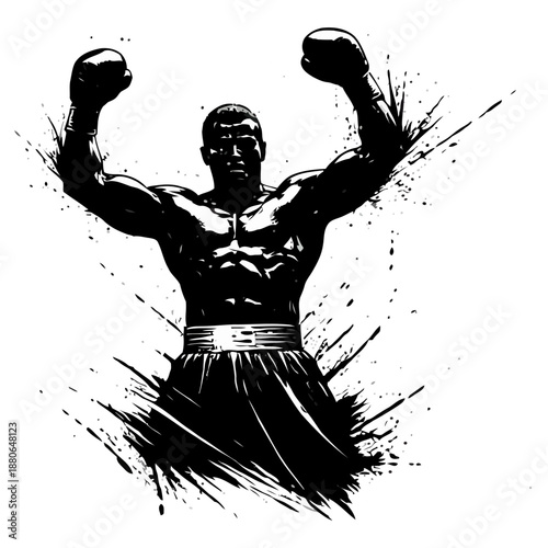 Powerful boxing match illustration black and white ink splash style, two boxers fighting in ring silhouette