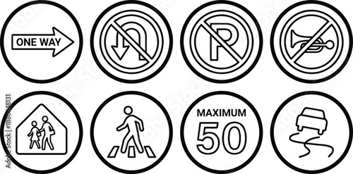 Navigational Sign Symphony: A collection of essential road signs, rendered in crisp black and white, guiding traffic flow and ensuring safety on the road.