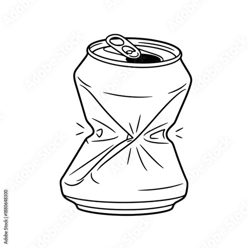 Crushed Soda Can Line Art - Minimalist Aluminum Recycling Icon - Simple Outline Illustration of Smashed Beverage Can for Environmental and Waste Management Design Isolated on White