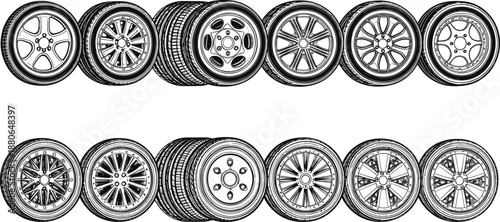 Detailed car wheel and tire illustration set featuring various rim designs for automotive graphics, repair manuals, and vehicle branding projects
